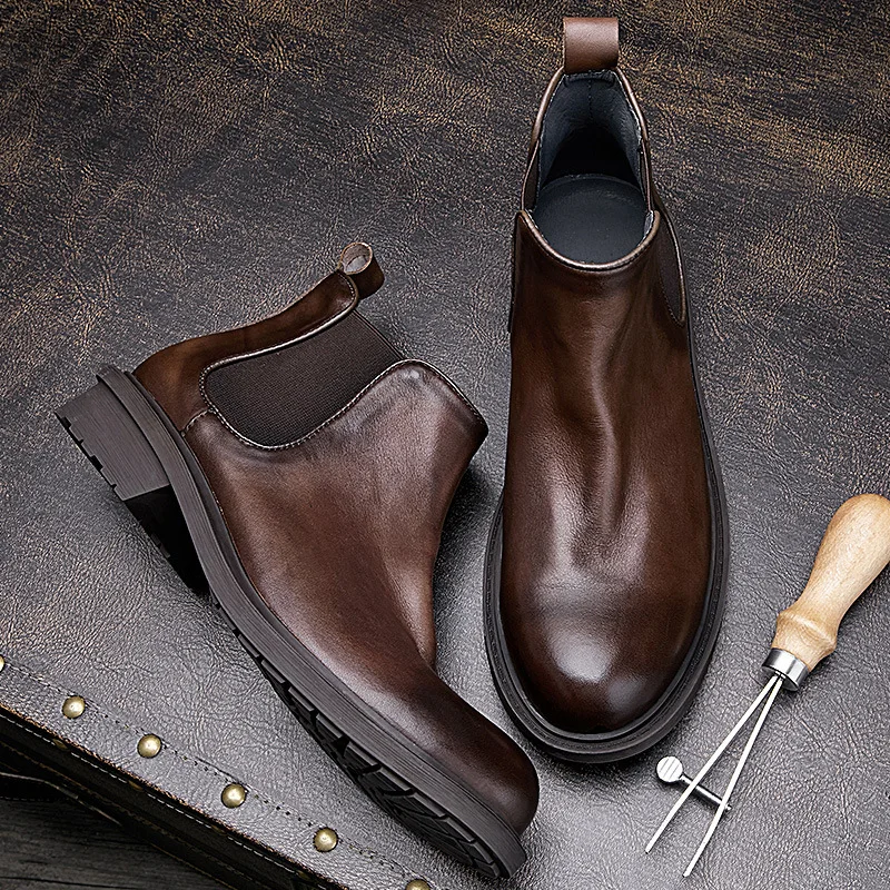 Men's Autumn Motorcycle Boots | Genuine Leather Vintage Comfort Sole Chelsea Boots | Work Style Ankle Boots with High Top Design
