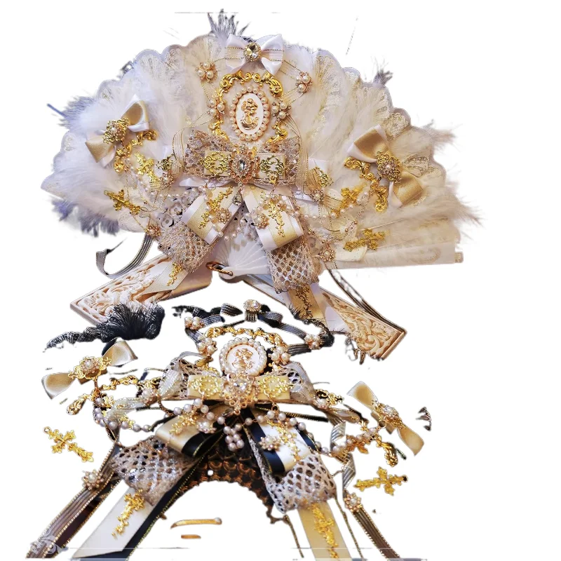 Classical doll black and white Golden Emperor Zheng gorgeous court style lolita handmade feather fan