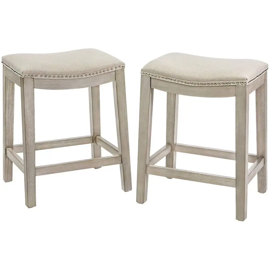 

Set of 2 Bar Stools Beige 24 Saddle Backless Premium Padded Indoor Outdoor Nailhead Cushion Kitchen Counter Chairs Pub Seat Foot