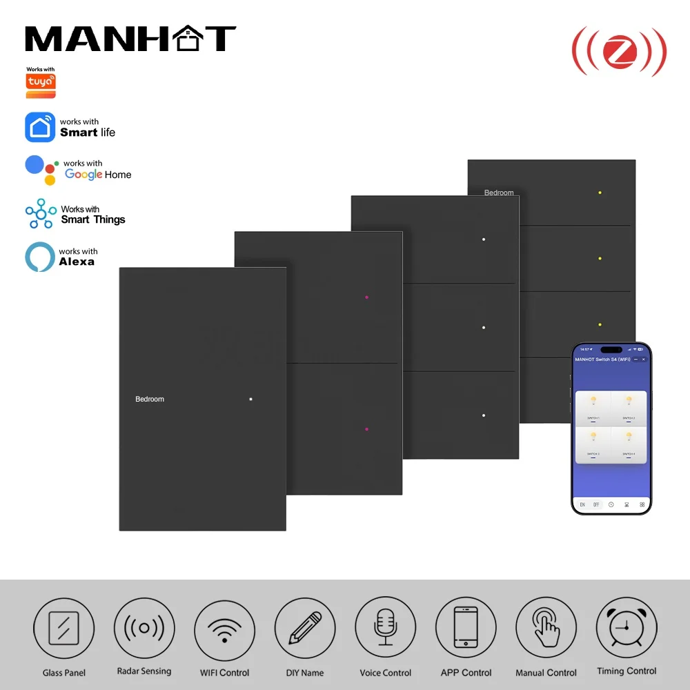 

Manhot Zigbee Black DIY Name Switch Neutral Required Smart Wall Light 1-8Gang Work with Tuya APP Alexa Google Home SmartThings