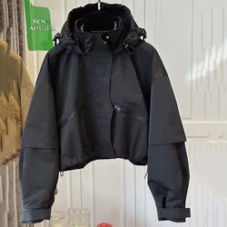 Autumn Quality Hooded Women's Bomber Jacket Casual Short Cargo Coat For Woman Zipper Pocket Khaki Baseball Jacket Female Outwear