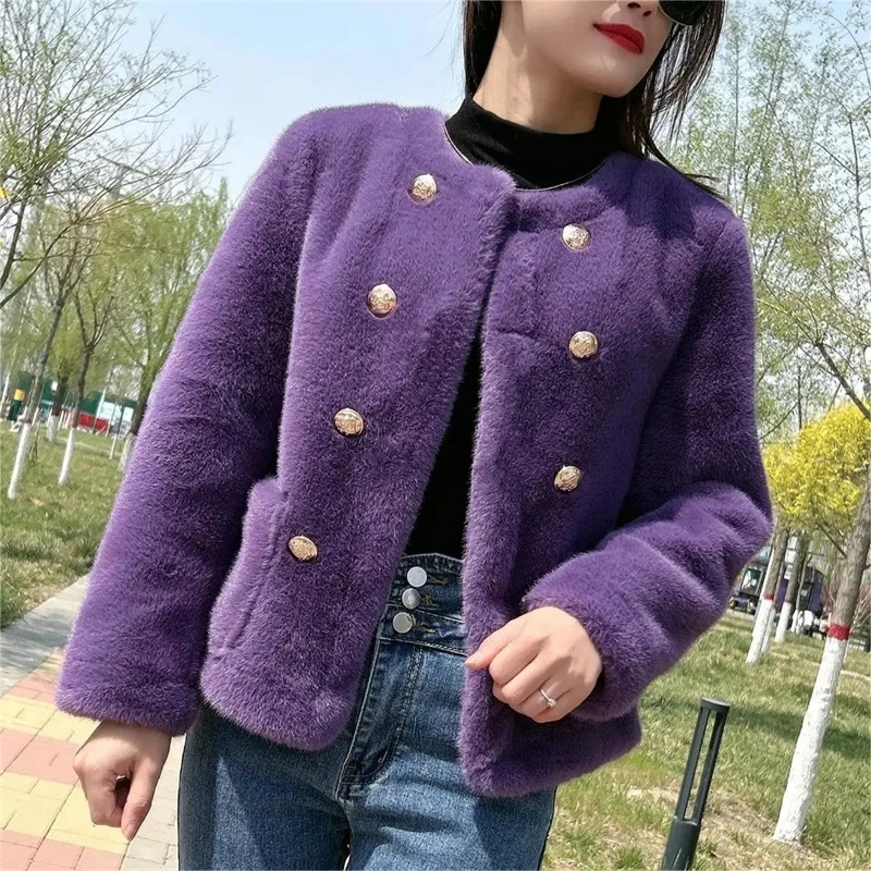 Streetwear Double-faced Fur Coat Women\'s Mink Velvet Short Jacket O-neck Double-breasted Pocket Faux Fur Fluff Outerwear Autumn