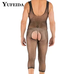 YUFEIDA Exotic Male Sleeveless Fishnet Body Stocking Mens Open Crotch Shinny Bling Jumpsuit Sexy Fishnet Bodysuit Adult Lingerie