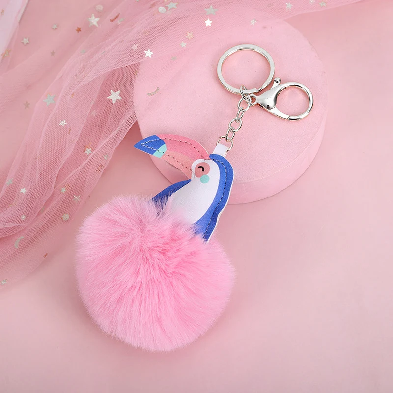 Fluffy Rabbit Fur Ball Pompom Toucans Keychain For Women Plush Leather Bird On Bag Car Trinket Wedding Party Girl