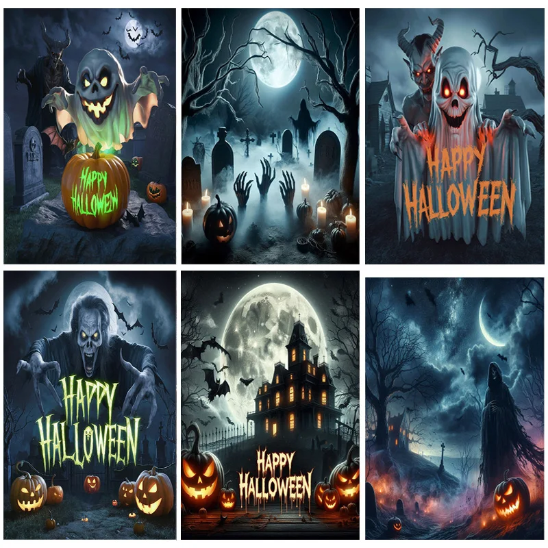 

Happy Halloween Party Backdrop Full Moon Scary Night Castle Graveyard Forest Bats Pumpkin Lantern Photography Background JS-5