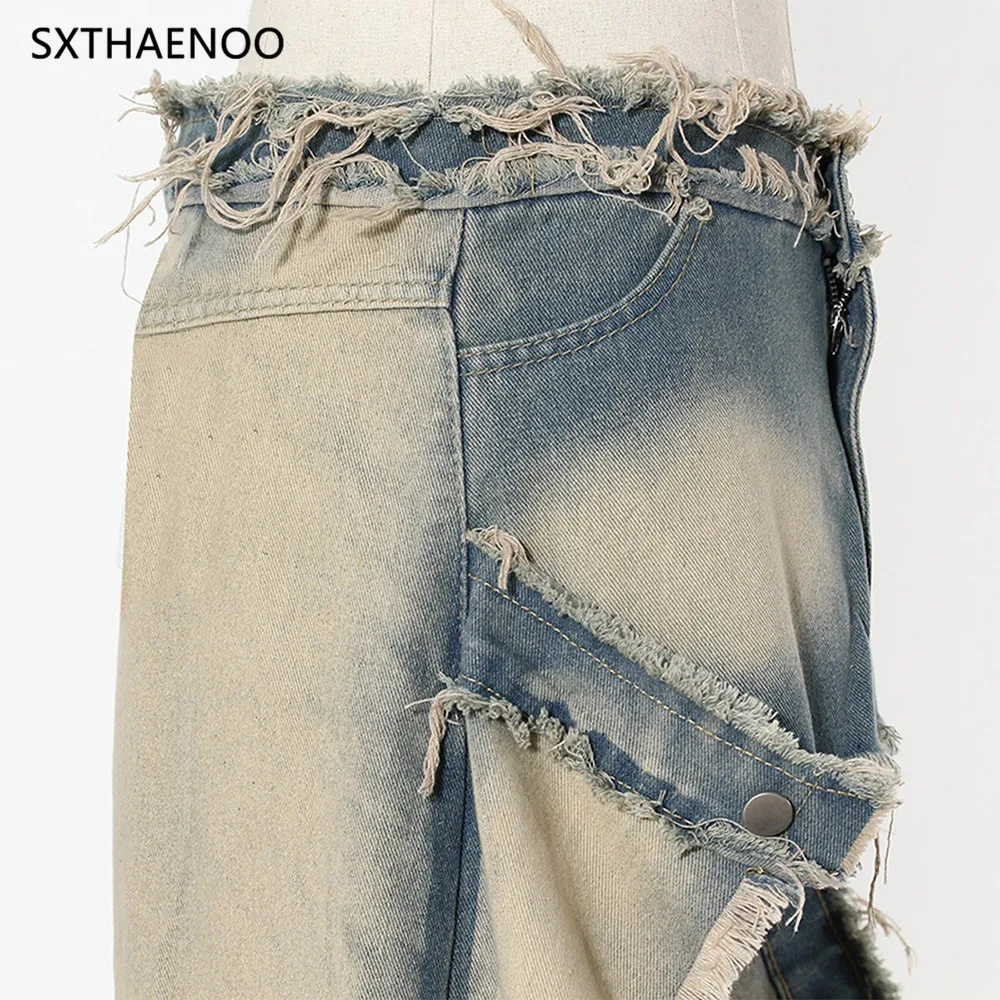 Sxthaenoo azul bainha irregular vintage denim rebarba casual meio corpo saia de cintura alta moda feminina maré nova primavera outono 2025