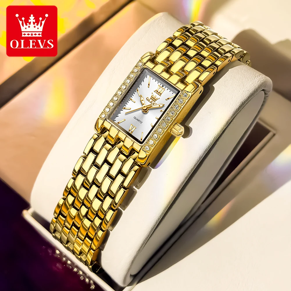 OLEVS 3700 Elegant Fashion Gold Woman Watches Stainless Steel Square Quartz Watch Waterproof Laides Watch Original New Reloj