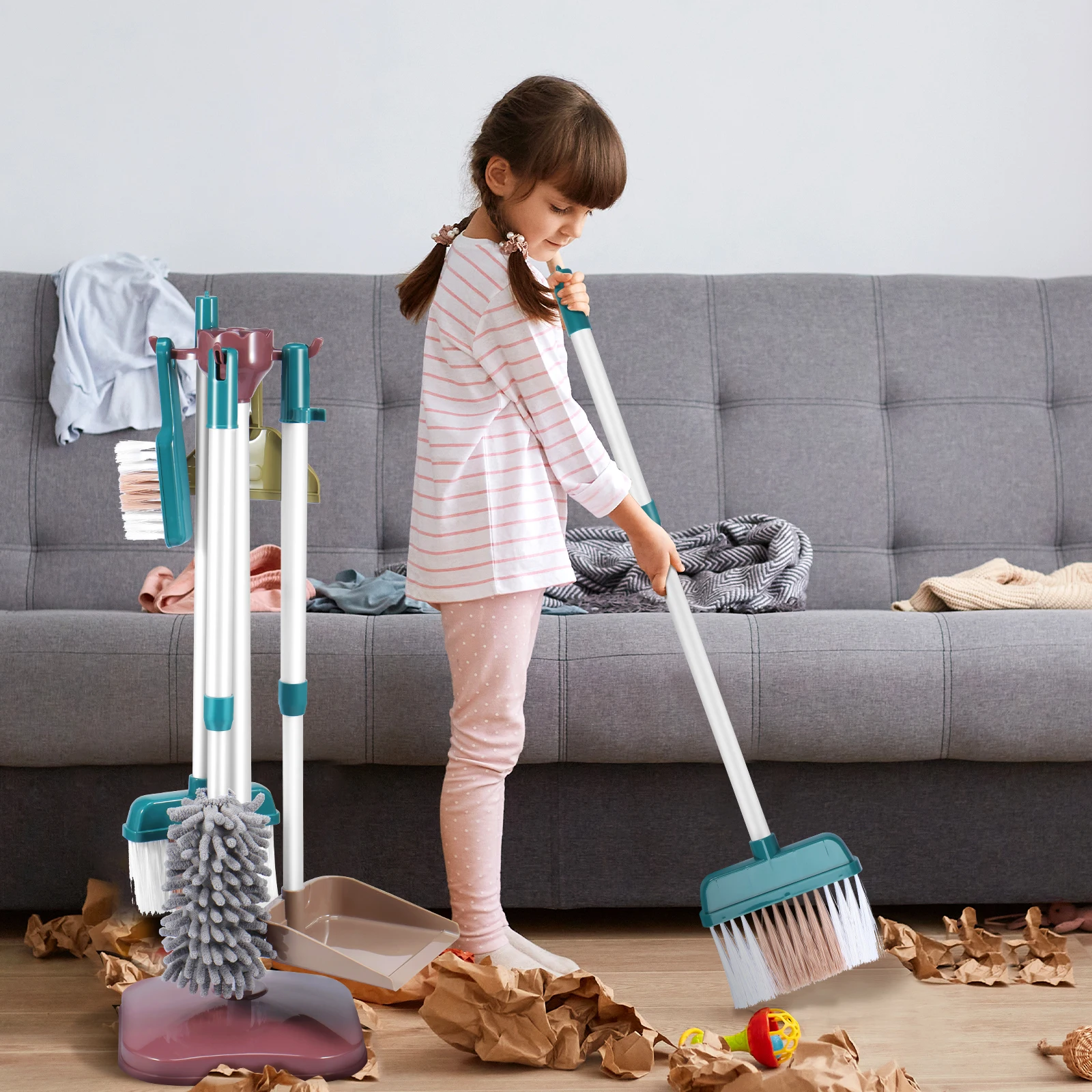 Kids Cleaning Set Funny Toy Broom and Mop Set Educational Children Toy Cleaning Set Housekeeping Pretend Play with Storage Rack