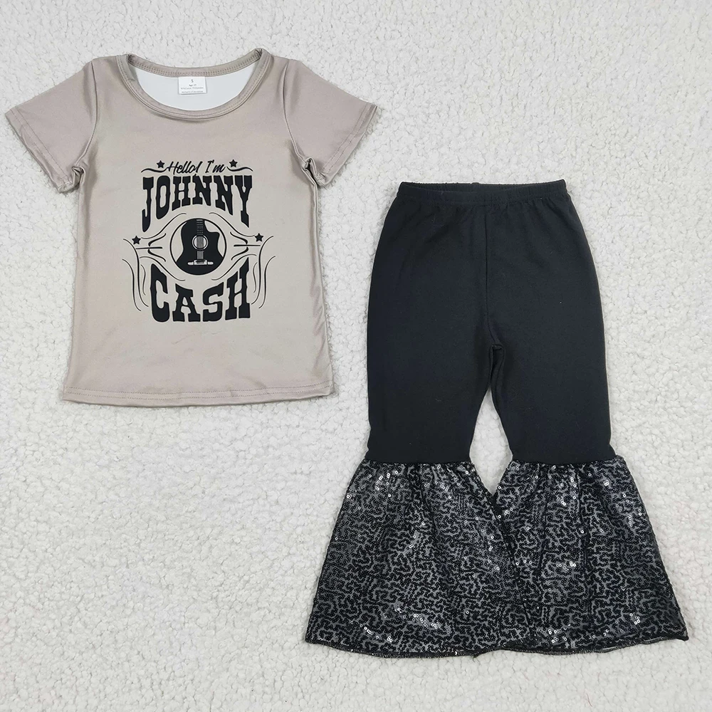 

z920-11 A17-14 baby girls clothes Letter Short-sleeved Top Black Sequin Flared Pants Spring Boutique kids clothes girls sets