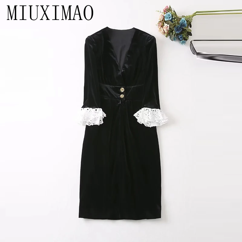 

MIUXIMAO 2023 High Quality Spring&Summer Elegant Dress Long Sleeve V-Neck Lace Fashion Knee-length Dress Women Vestide