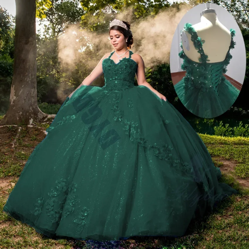 Vestidos de quinceañera con tirantes finos para mujer, vestido de baile de Esmeralda, vestido largo hinchado con apliques de cuentas, vestidos de baile de noche de graduación de tul para mujer, 2024