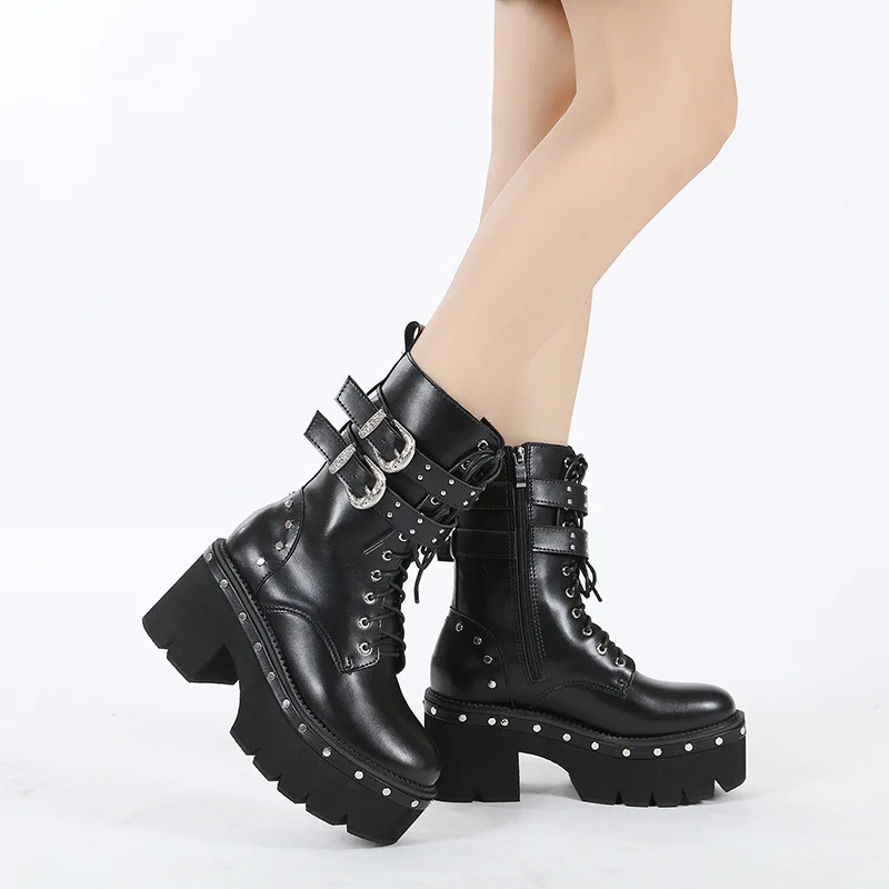 Winter Gothic Punk Womens Platform Boots Black Buckle Patent leather Creeper Wedges Shoes Mid Calf  Boots