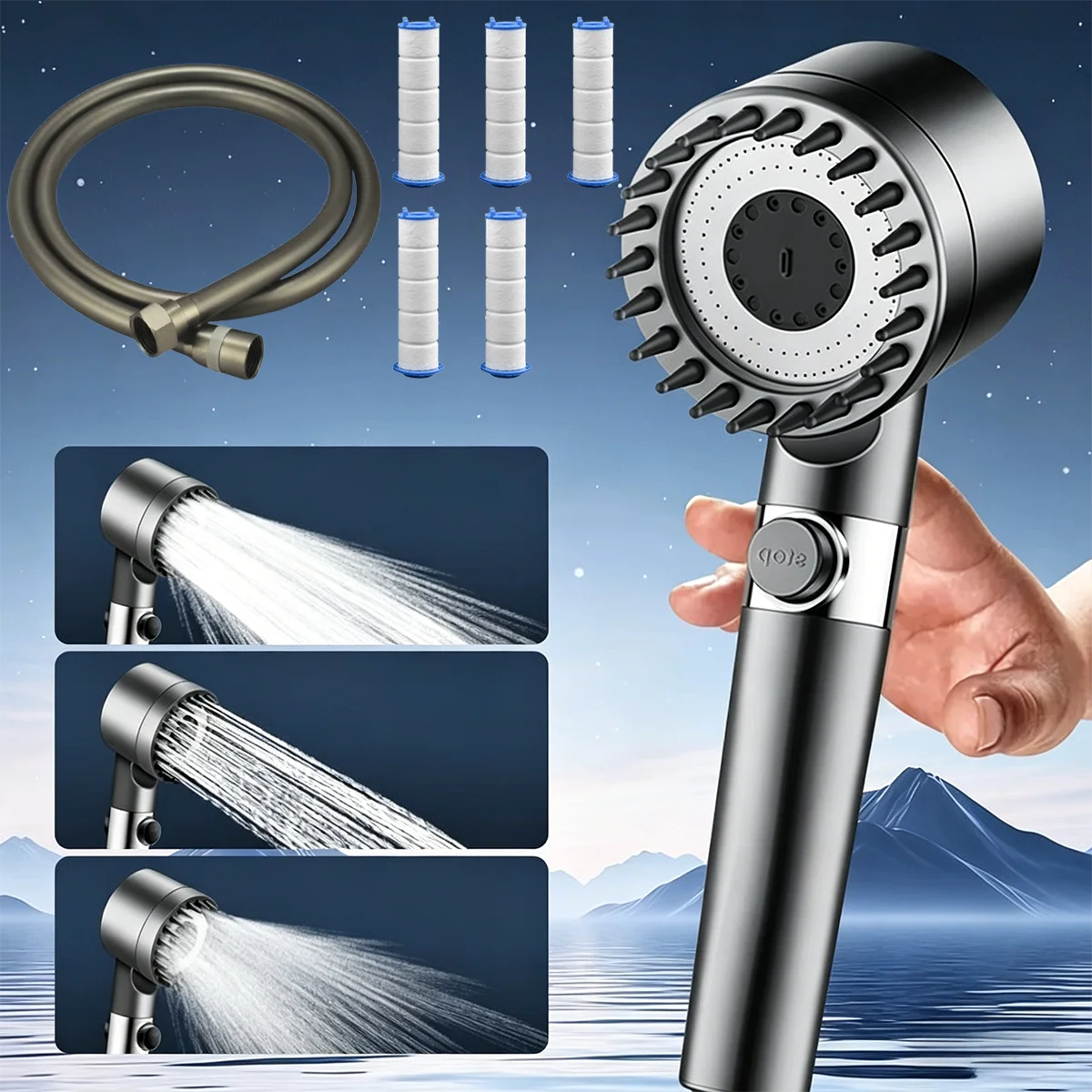 Multi-level pressurized handheld shower head with massage function and filter cartridge to filter impurities portable for travel
