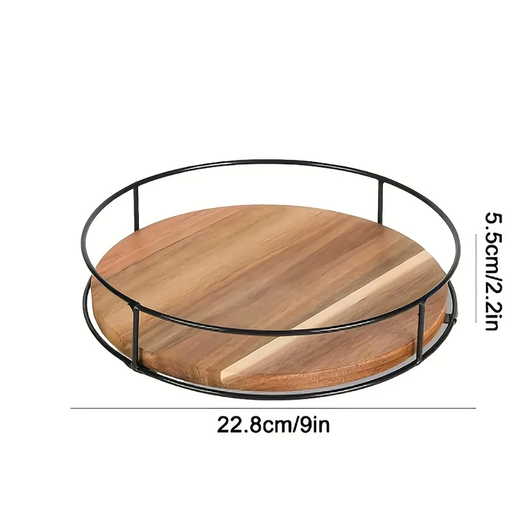 360 Degree Rotating Storage for Kitchen Spice Cosmetic Makeup Turntable Organizer Cabinet Steel Side Multifunctional Wooden Tray