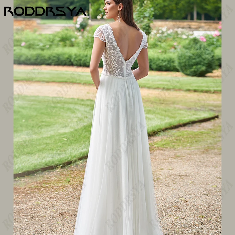 RODDRSYA-Robe de mariée dos nu en tulle bohème pour femme, col en V, manches cape A-Line, robe de patients de plage, haute fente, fête de la mariée bohèmeRobe de mariée dos nu en tulle bohème pour femme, col en V, manc