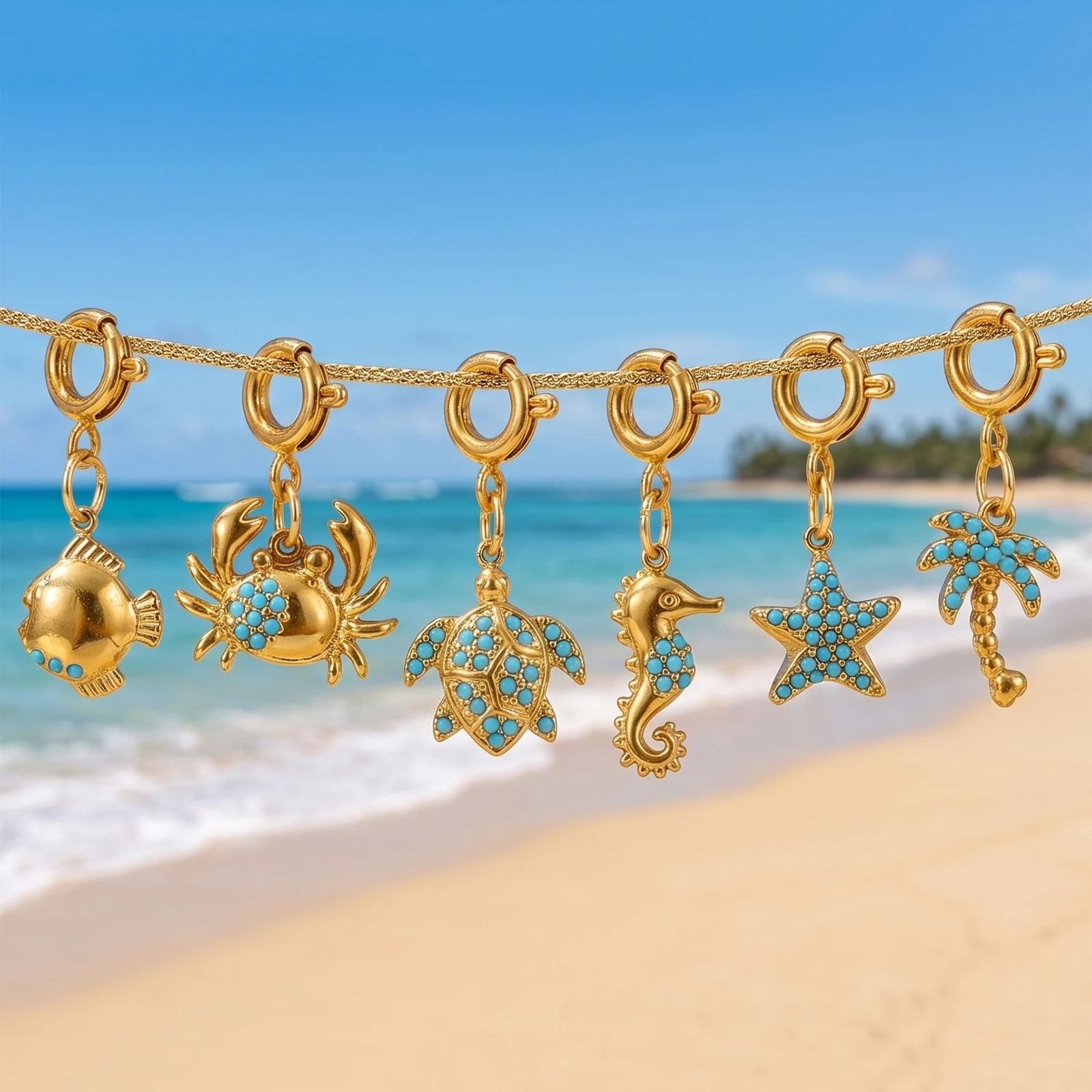 1pc Ocean Fish Crabs Starfish Jewelry Charms Micro Pave Blue Rhinestone 304 Stainless Steel 18K Gold Plated Pendant Bikini Women