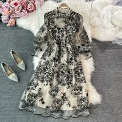 Sexy Embroidery Mesh Stand Collar Lantern Sleeves Dress Chic Elegant Evening Party Women High Waist Ceremonial A-line Dresses