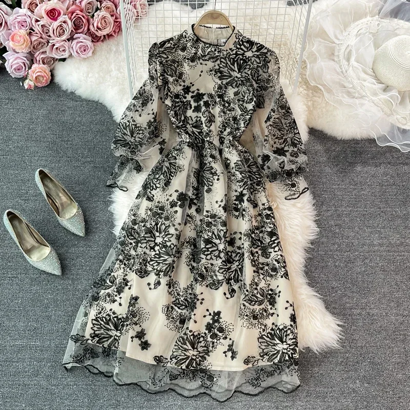 Sexy Embroidery Mesh Stand Collar Lantern Sleeves Dress Chic Elegant Evening Party Women High Waist Ceremonial  A-line Dresses