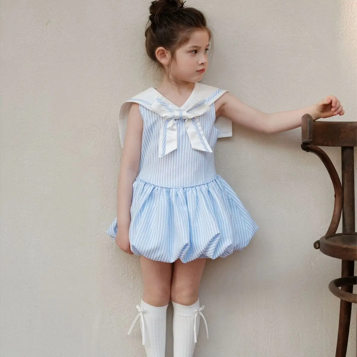 

Girls Blue Striped Dress Stylish and Slim-Fit Versatile and Trendy Bubble Dress Summer 2025 New Arrival Dress for Girls