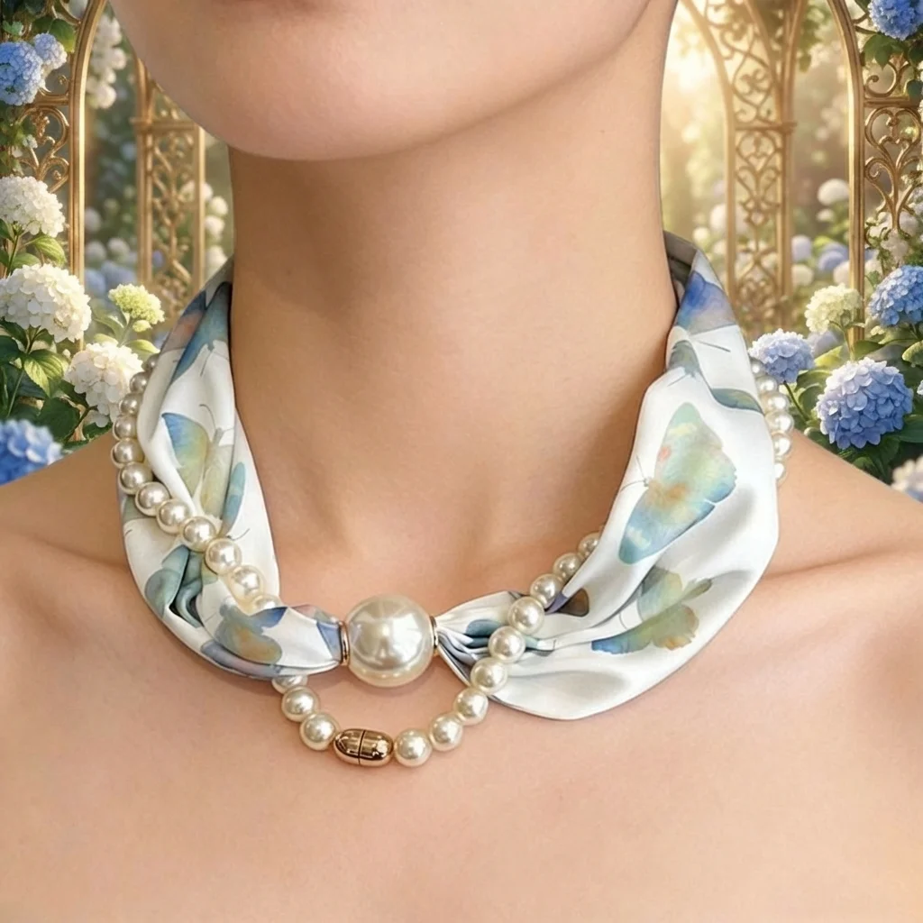 Neuer Damen-Mutterseidenschal mit Magnetverschluss und Perlen, langer Stil, kleiner Perlen-Halswärmer, magnetischer Schnallen-Perlenschal für einfaches Styling