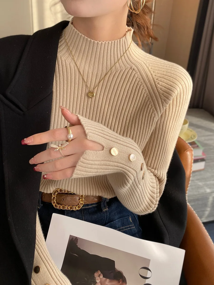 Autumn Winter Sweater Women  Pullovers Long Sleeve Tops Clothes Slim Knit Soft Jumper Streetwear Button Turtleneck Sweater