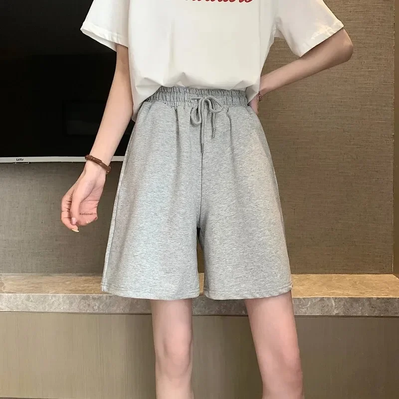 

Pop Grey Sports Shorts Women Summer Loose High Waist Large Size Straight Leg Student Casual Wide Leg Five-Quarter Pants
