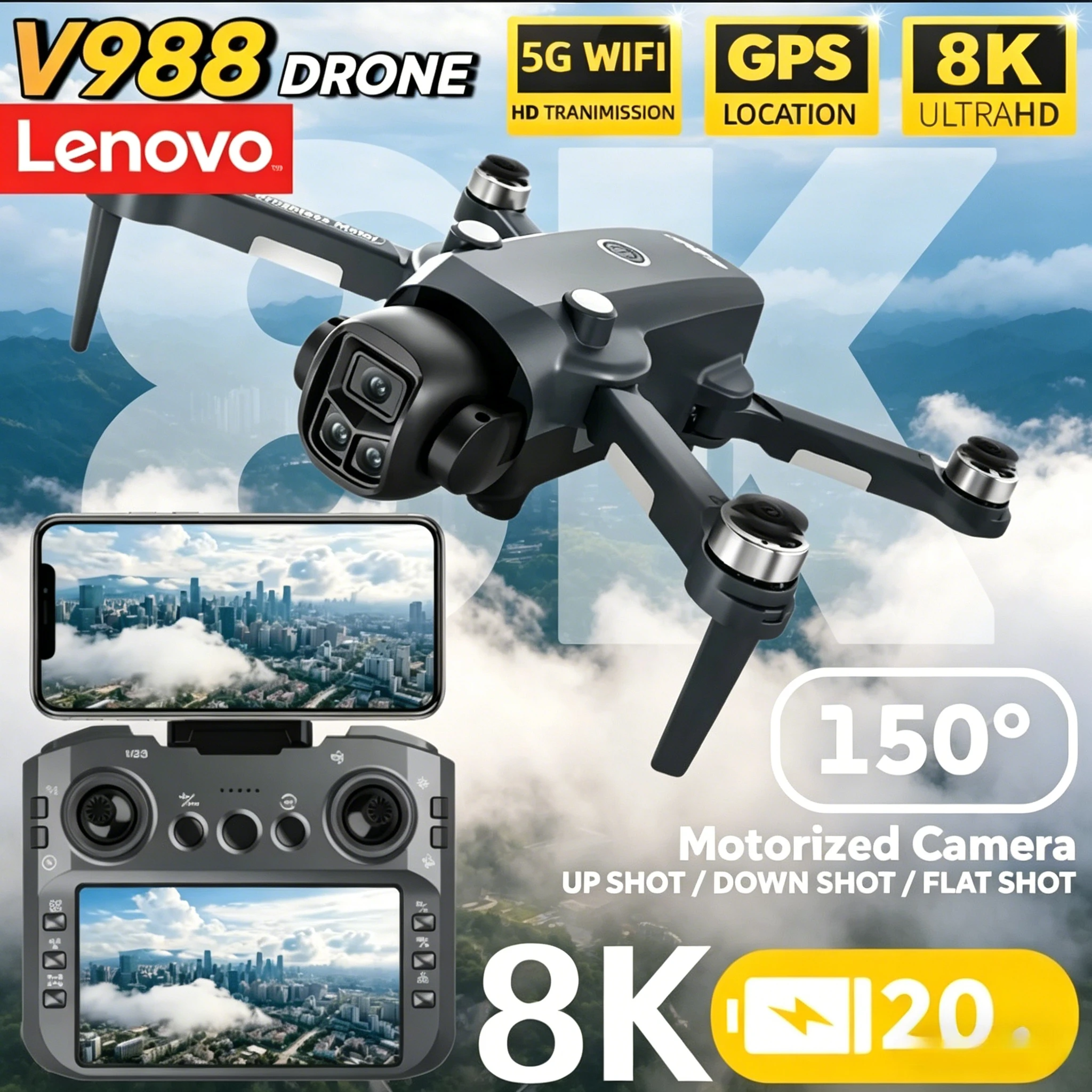 

Lenovo Professional V988 Drone 8K HD Dual Camera Remote control with large screen 5G WIFI FPV Foldable Quadcopter RC Dron
