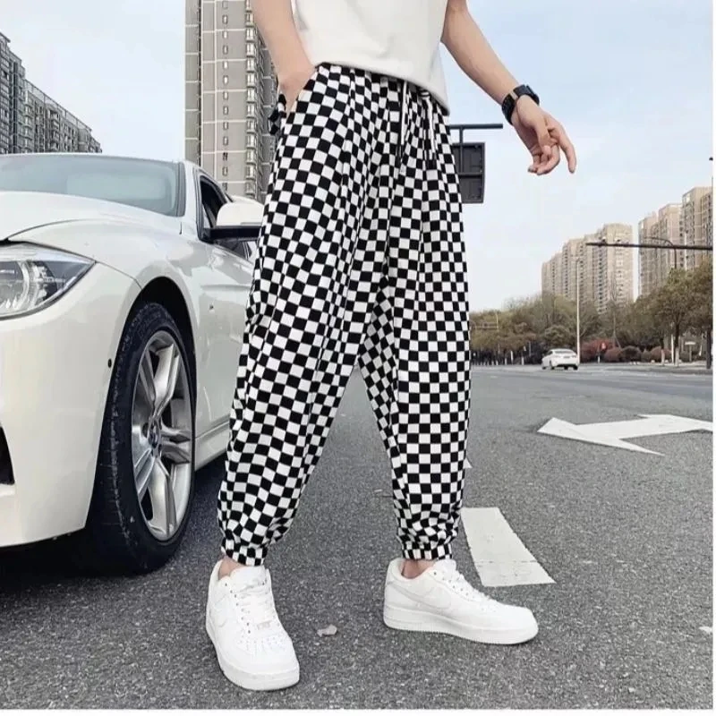 

Men Clothing Streetwear Elastic Nine Points Pants Men's Fashion Tide Plaid Spring Summer Baggy Casual Pants Sports Pants Homme