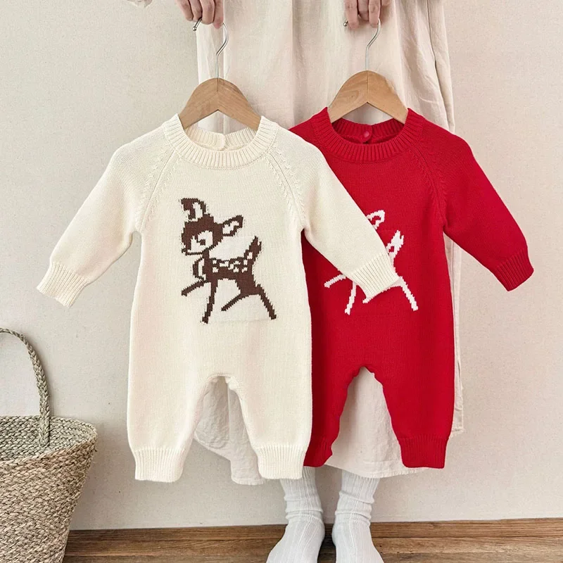 

2025 New Autumn Christmas Style 0-24M Newborn Baby Girls Knitted Jumpsuit Long Sleeved Cartoon Toddler Baby Girl Knitted Romper