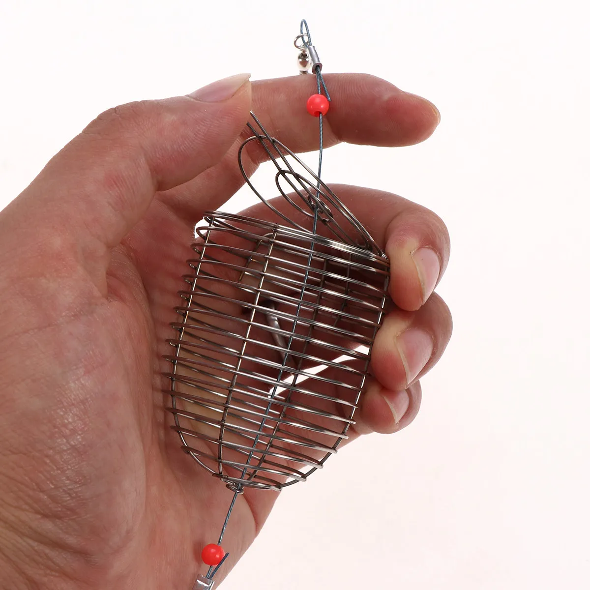 Jaula de pesca de 6 piezas con tapa de resorte de acero inoxidable, cesta trampa para señuelos, soporte alimentador, jaula trampa de pesca portátil y ligera