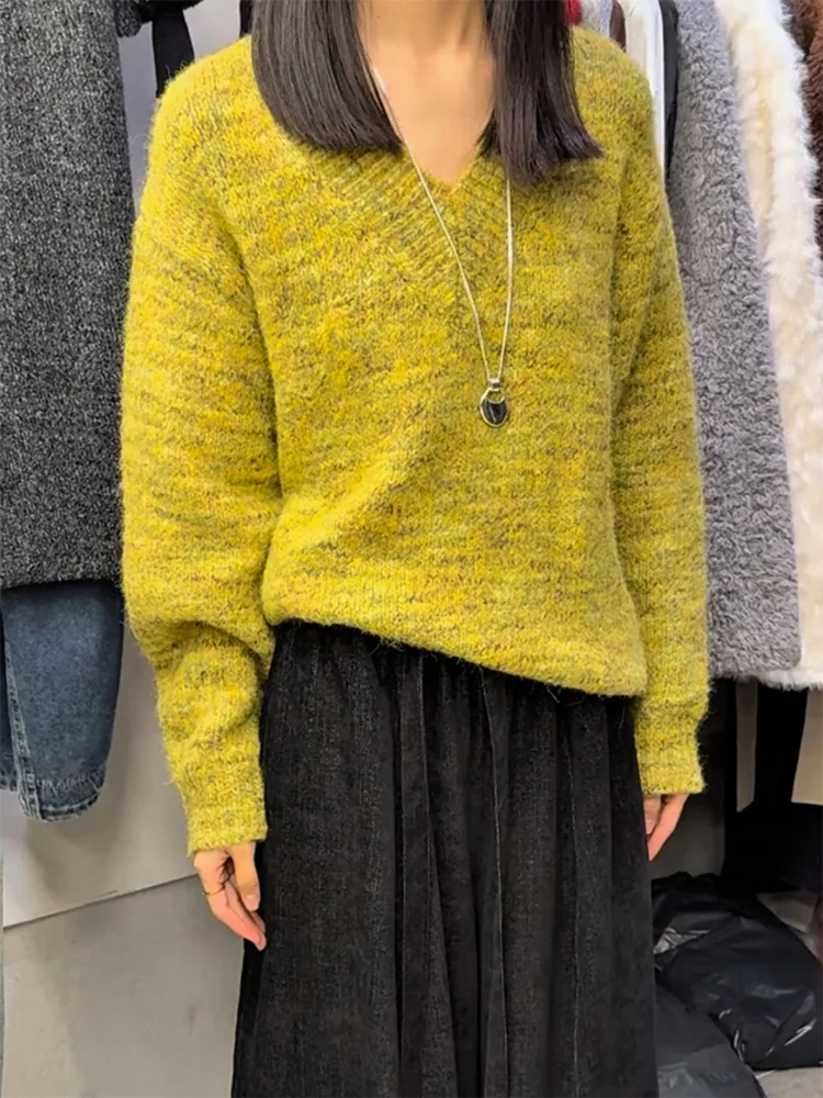 

Корейский мягкий уютный вязаный джемпер с V-образным вырезом, осенне-зимняя новинка, большие размеры, универсальный женский топ Ele Agel Snow Dr