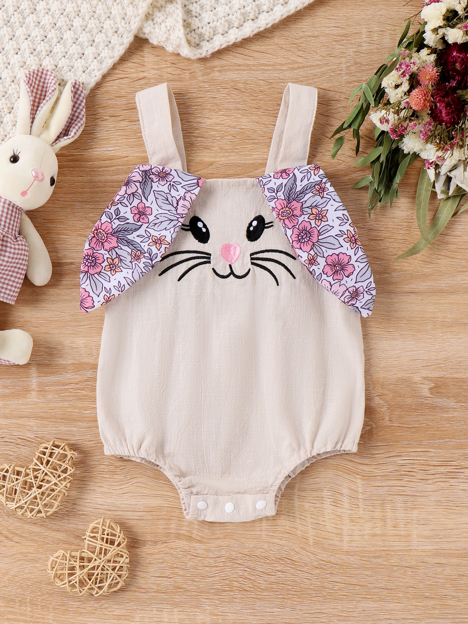 Adorable Baby Girl Sleeveless Jumpsuit with Sweetheart Neckline and 3D Bunny Ears Floral Print Romper for Infant Toddler