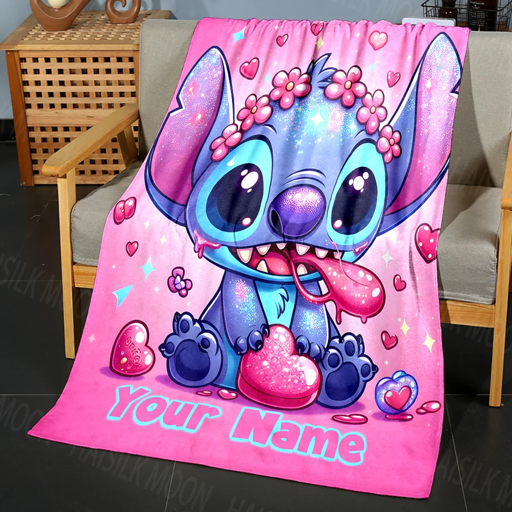 Disney Stitch Cartoon Printed Blanket Can Be Custom with Name, Soft and Warm, Suitable for Home, Office, Camping Car Holidy Gift