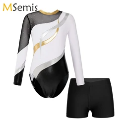 Kids Girls Ballet Gymnastic Leotard Figure Skating Performance Costume Long Sleeve Shiny Rhinestones Bodysuit with Shorts Sets