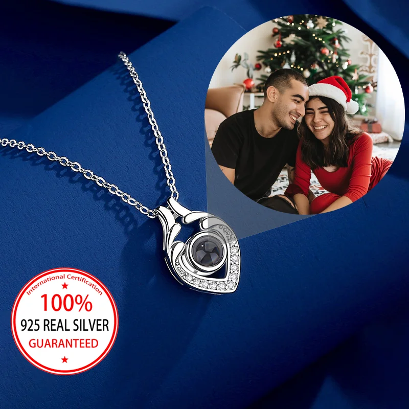 

925 Sterling Silver Custom Color Picture Projection Geometric Pendant Necklace, Valentine's Day Romantic Gift for Girlfriend