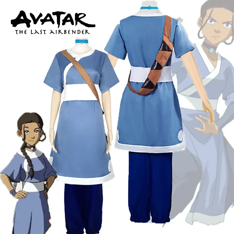 

Avatar The Last Airbender Katara Cosplay Costume Blue Robe Pants Full Set Suit Halloween Carnival Party Clothes Outfit for Girls