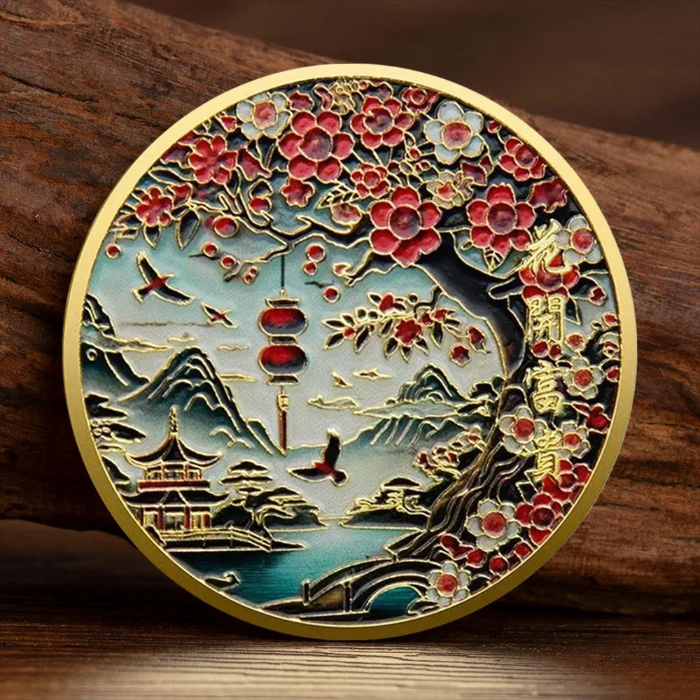 Auspicious and Happy Collection Coin Gold-plated Flower Blooming Prosperit Colorful Commemorative Coin Lucky Small Gift