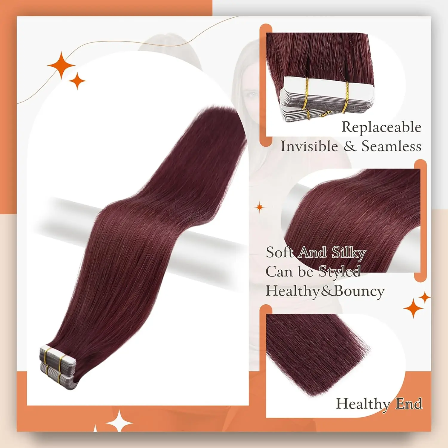 Full Shine Burgundy Tape in Hair Extensions 50 Gram Tape in Human Hair 20Pcs Seamless Skin Weft Human Hair Extensions for Woman