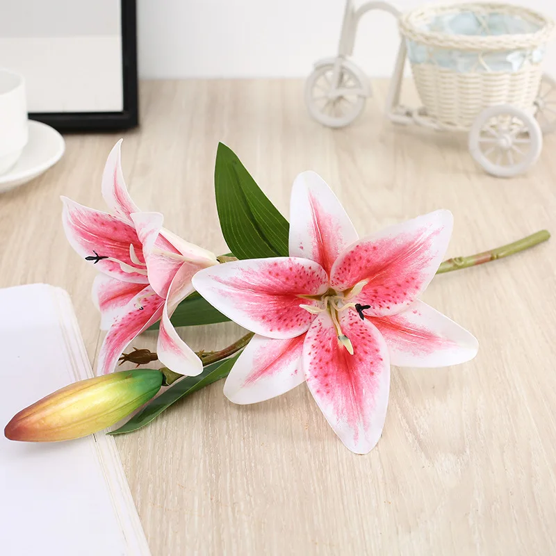 Real Looking 3D Printing Lily Branch Artificial Flowers White Fake Flowers Flores for Wedding Home Garden Decoration