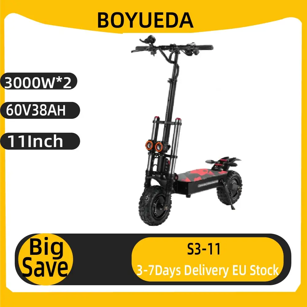BOYUEDA S3-11 38Ah 6000W 60V Maksymalna prędkość 85-95km/h Hamulec hydrauliczny 11-calowa hulajnoga elektryczna Udźwig 200kg Zasięg 100km Bez podatku