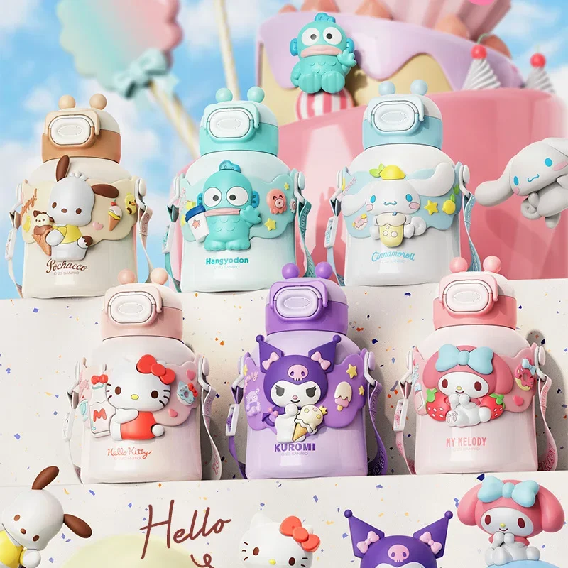 480ML Kawaii Sanrio Thermal Cup Cartoon Portable Kuromi Cinnamoroll Water Bottle Cute My Melody Hello Kitty 304 Stainless Steel