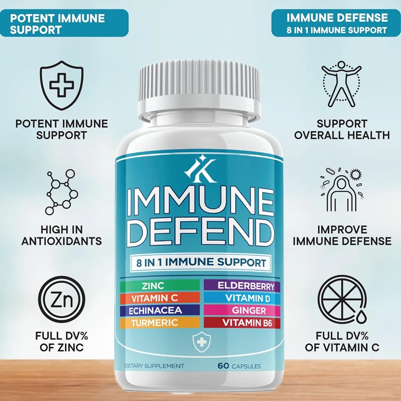 

8-in-1 immune defense support containing 50 milligrams of zinc, vitamin C D3, elderberry, curcumin and ginger, and echinacea