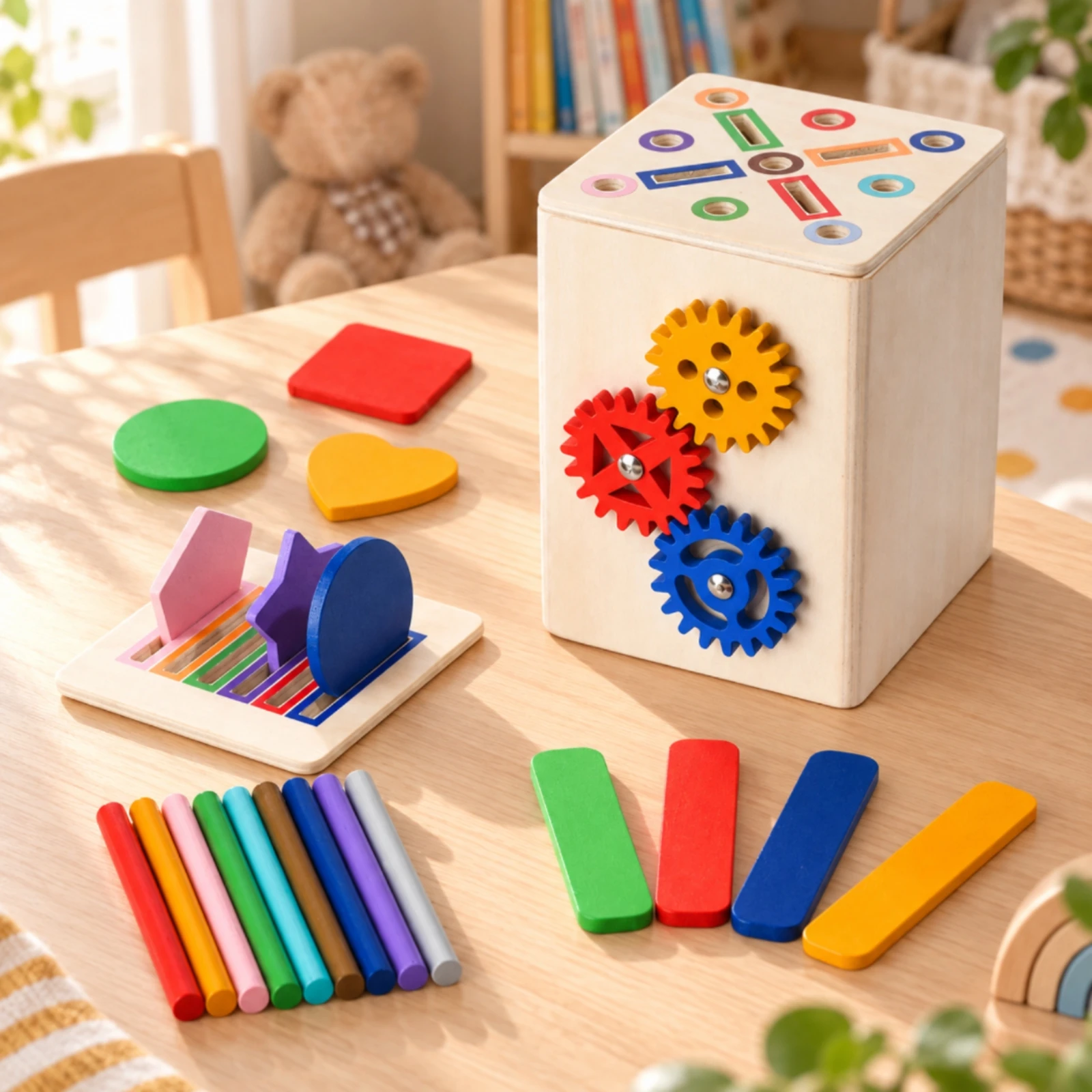 Shape and Color Matching Sorting Box Fine Motor Skills Sorting Box with Shape Pieces and Wooden Rods Toy Hand-Eye Coordination