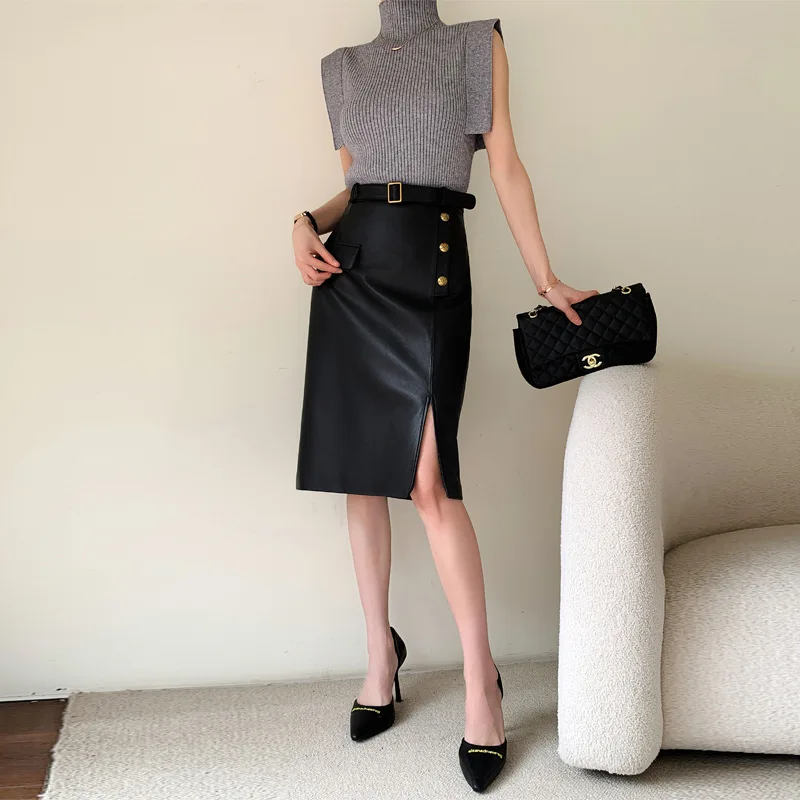 Real Leather Skirt Women's High Waisted Sheep Leather Skirt OL Fashion Show Slim Genuine  MIDI Skirt