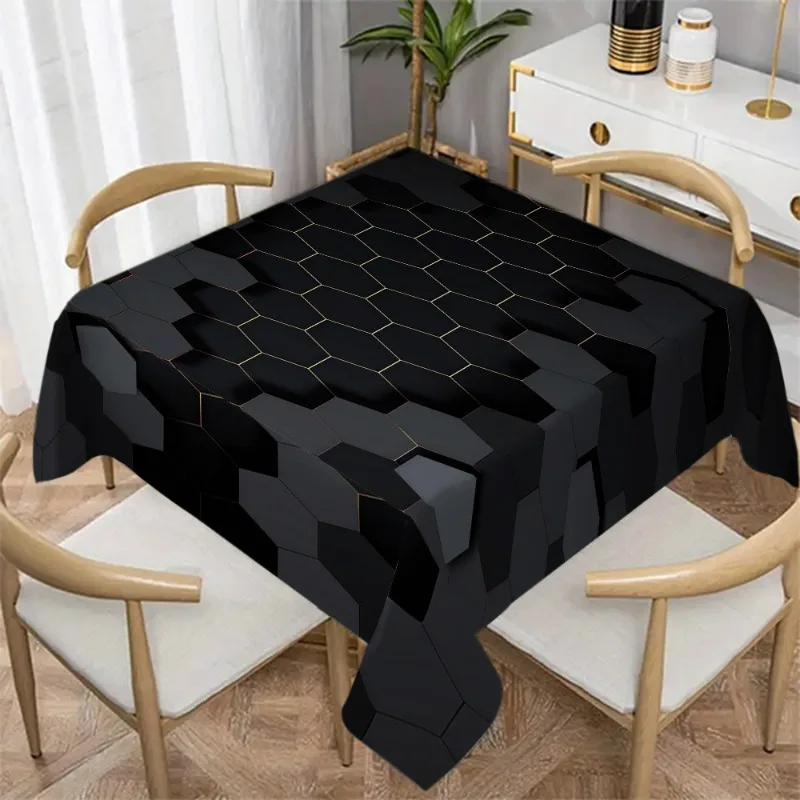 One black geometric hexagonal pattern tablecloth - sturdy polyester rectangular table cover, suitable for the kitchenzyc