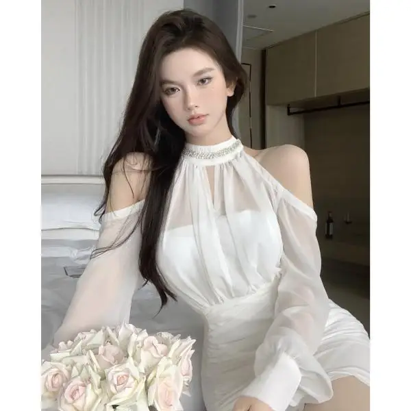 Korejepo Temperament Socialite Long Sleeved Dress Women Autumn New Soft Girl Sweet Niche White Off Shoulder Chiffon Waist Skirt