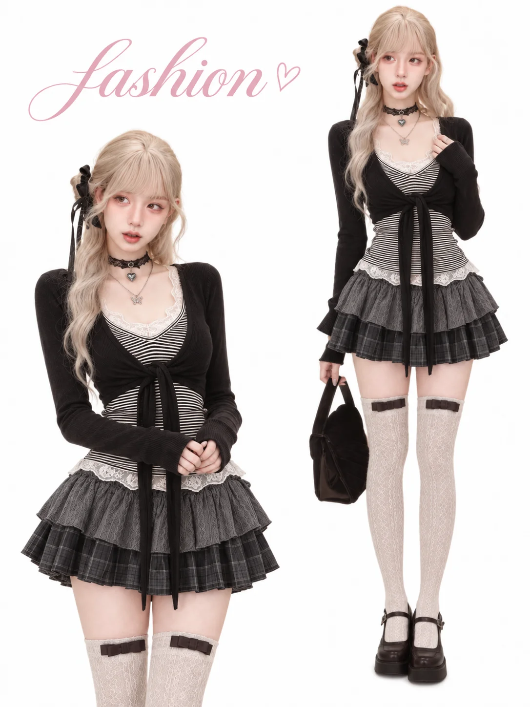 Gothic Y2k Vintage Preppy Style 2 Piece Set Women Sweet Bow Knitted Cardigan Ruffles Plaid Mini Skirt Fashion Lolita Outfits New