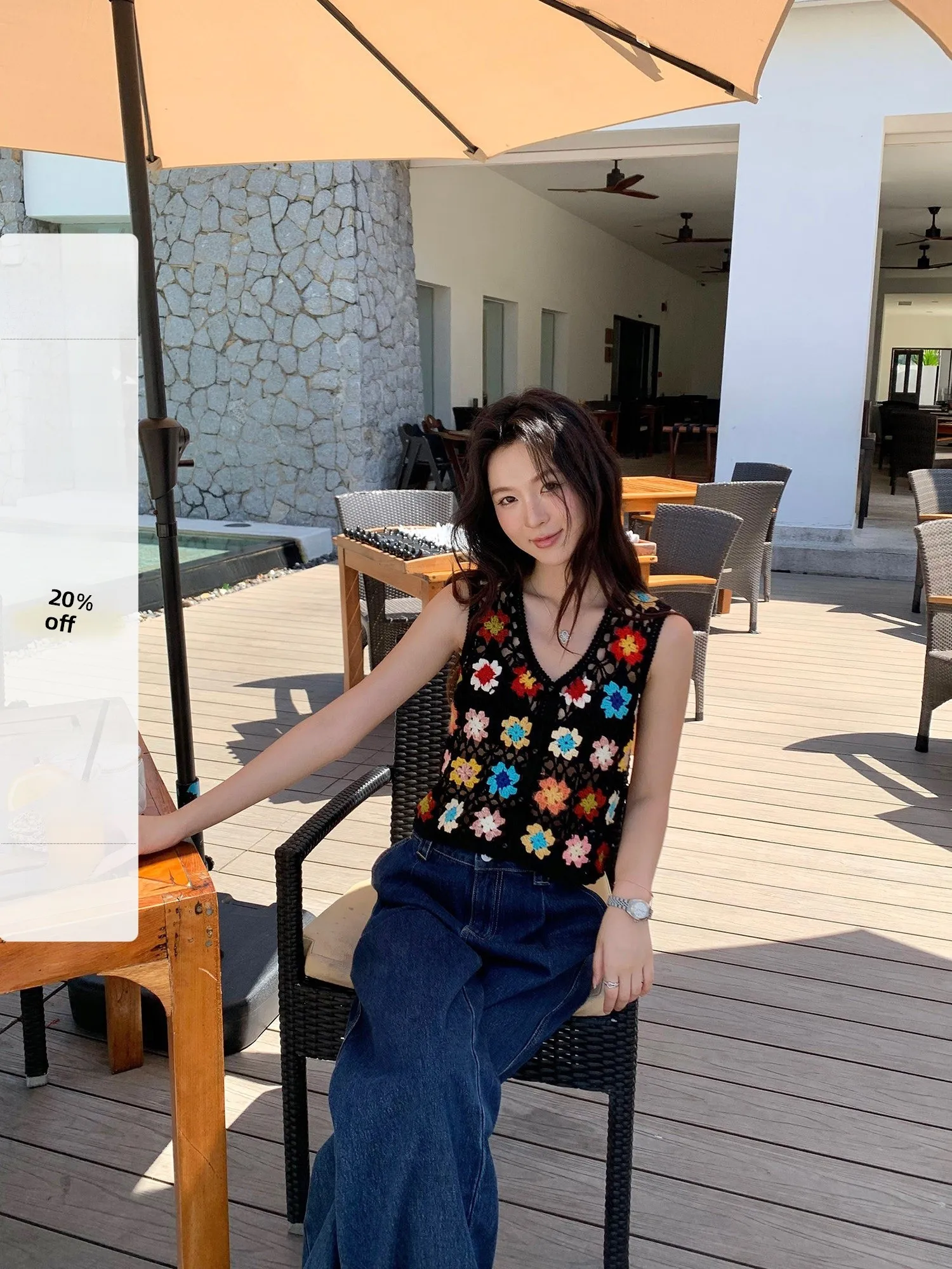 

Вязаный кардиган-жилет ручной работы Pusumede для женщин: многослойный топ с V-образным вырезом и цветочным узором, внутренняя одежда