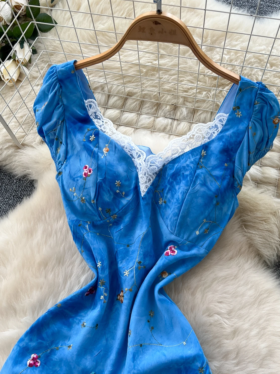 Retro Spitze Splice Bubble Sve Blumendruck Sommer Schlankheits Chiffon Dr Damen A-Linie Rock mit hoher Taille Ort Sve Dr