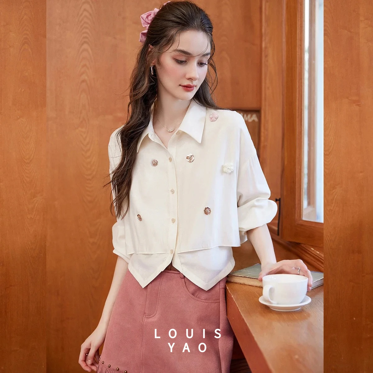 

LOUISYAO Sweet Flower Two-Piece Blouses 2025 Autumn Women Top Romantic Collared Off-the-Shoulder Long-Sleeved Women's Shirt